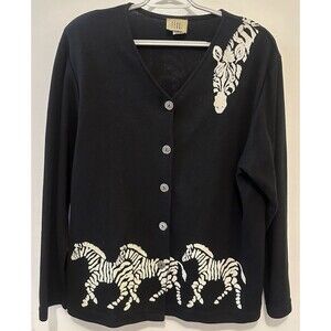 Teddi Vintage Zebra Cardigan Sweater XL Black Embroidered Animal Print Novelty
